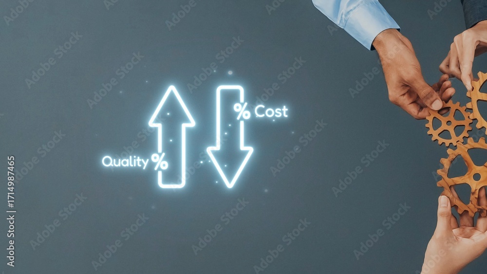 Poster hands connect gears while arrows indicate quality growth and cost reduction, symbolizing teamwork an