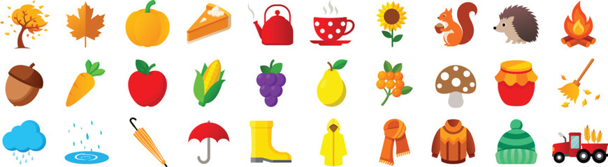 Autumn vector icon set. Thanksgiving, Fall, Harvest season colorful icon set