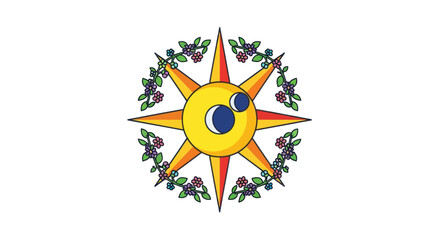 Stylized Sun Symbol with Celestial Eyes and Laurel Wreath.