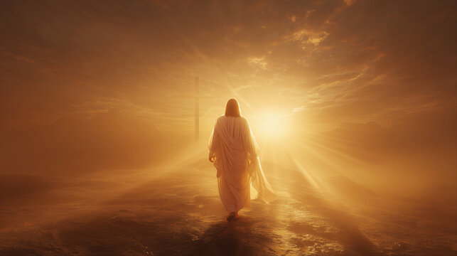 Silhouette of Jesus Christ on Foggy Background with Christian Cross