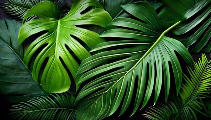Vibrant Lush Tropical Leaf Background Featuring An Assortment Of Green Palm Fronds Monstera And Other Exotic Foliage On A Black Background