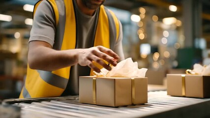 A warehouse worker their vest crumpled packs a gift box its cardboard glossy on a workbench. Tissue paper crinkles inside and a ribbon curls around the box. A tape dispenser - Powered by Adobe