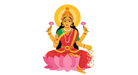 Goddess Lakshmi seated on a lotus flower adorned with jewelry and holding lotus blossoms.