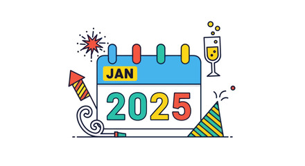 Festive New Year 2025 Calendar with Fireworks and Champagne.