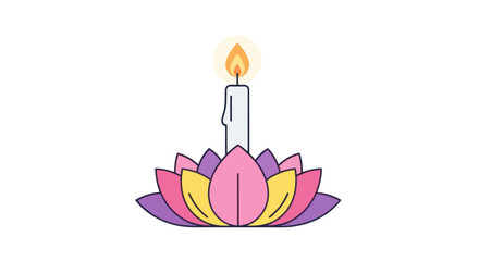 Lit White Candle on Colorful Lotus Flower Illustration.