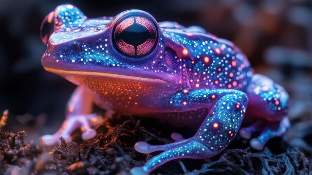 Colorful frog with vibrant skin patterns sitting in a dark environment illuminated by soft light