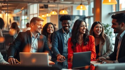 A diverse business team collaborates in a modern office with an overlay of network connections. 4k video - Powered by Adobe