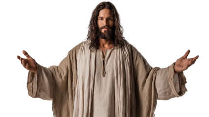 Righteous man full body on transparent background, standing with open hands in compassion, symbolic biblical figure of faith, prayer, mercy, and humility isolated PNG.