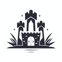 Fototapeta premium Charming monochrome castle rises amidst shimmering stars and tall grasses by calm waters