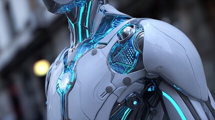 Futuristic android torso with glowing blue circuits and sleek white plating, advanced technology concept