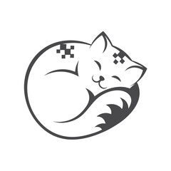 Curled cat with pixelated markings peacefully sleeps with its eyes closed, isolated on white