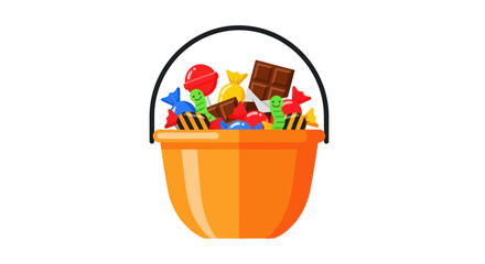 Orange Bucket Filled with Colorful Halloween Candy and Chocolate Treats.