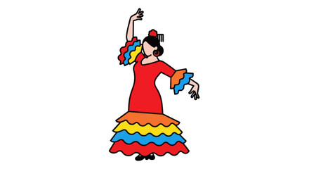 Vibrant Cartoon Flamenco Dancer in Traditional Red and Colorful Ruffled Dress.