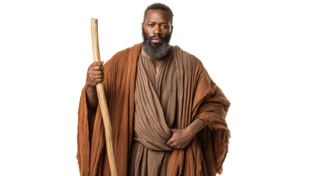 Simon Peter full body on transparent background, apostle of Jesus Christ wearing ancient robe, New Testament biblical disciple isolated PNG figure.