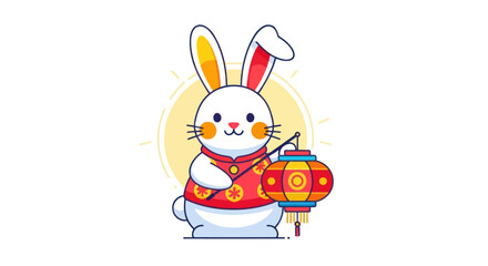 Adorable cartoon rabbit holding a traditional Chinese lantern celebrating festive occasion.