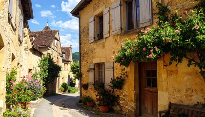 Fototapeta premium A sun-drenched alleyway in a charming French village, lined with pastel-yellow stone buildings, boasts vibrant flowers and wooden shutters, creating a picturesque and serene scene.