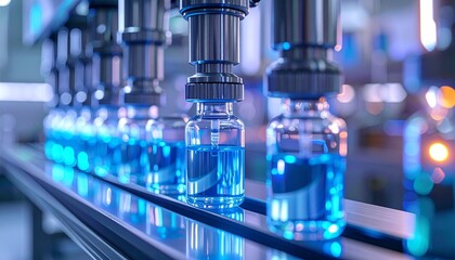 Automated Pharmaceutical Production: Filling Vials with Blue Liquid on Conveyor Belt