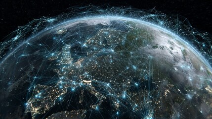 Global network connections illuminate Earth from space, showcasing digital connectivity and modern communication