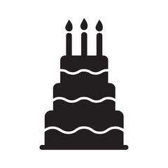 Simple black silhouette of a tiered birthday cake with three lit candles minimalist celebration icon for parties and events graphic