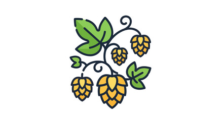 Stylized Illustration of Hops Plant with Green Leaves and Cones. © solikhin