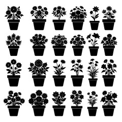 Fototapeta premium Black silhouettes of various potted plants and flowers arranged in a grid pattern.