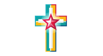 Colorful Christian Cross with a Red Star Emblem.