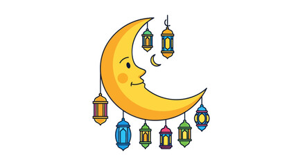 Crescent Moon with Face and Hanging Lanterns Illustration for Ramadan.