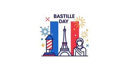 Festive Bastille Day Illustration Featuring Eiffel Tower and Fireworks.