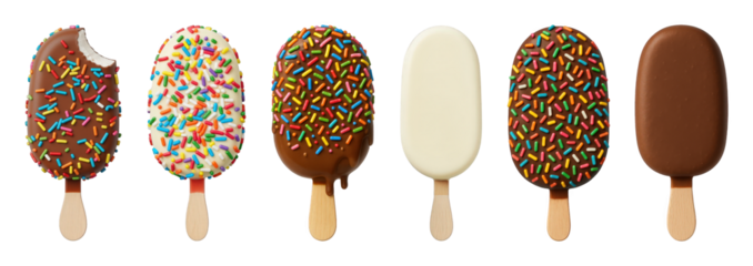 Ice cream bar set including chocolate, white, sprinkle, bitten, and melting versions isolated. Sweet summer dessert collection.