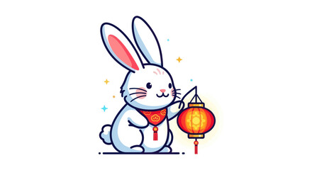 Adorable cartoon white rabbit holding a glowing red lantern.