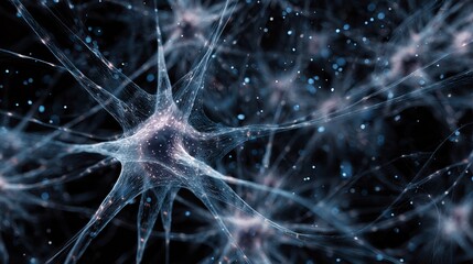 Stunningly detailed 3D render of glowing neurons firing, representing brain activity and neural networks.