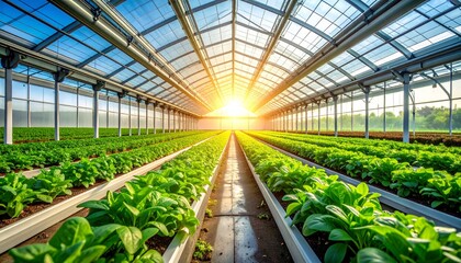 Bright Greenhouse Interior with Rows of Lush Green Plants and Sunlight
