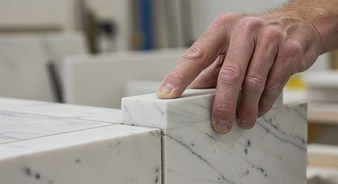 Worker's hands carefully setting a dark, patterned countertop on a kitchen cabinet base.Concept of home renovation and professional countertop installation.