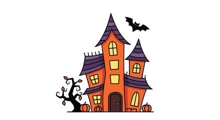 Spooky Cartoon Haunted House with Bat Pumpkins and Bare Tree for Halloween.