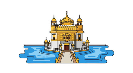 Golden Temple of Amritsar India Illustration with Bridge and Water.