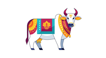 Ornate Decorated White Cow for Hindu Festival.