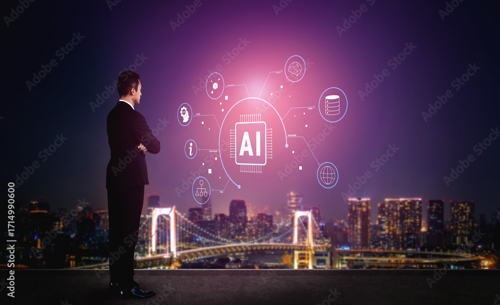 Poster artificial intelligence (ai) as a core technology. a concept of an ai ecosystem powering data analys