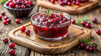 A vibrant bowl of homemade cranberry sauce, garnished with rosemary, surrounded by fresh cranberries on a rustic wooden surface, perfect for holiday feasts