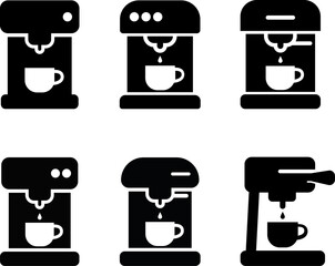 Set of 6 black coffee machine icons with cup and drip symbols. Perfect for café branding, restaurant menus, and coffee-related designs.