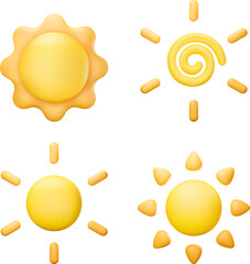 Set of 3D yellow sun icons with four different styles. Perfect for weather apps, UI design, summer graphics, and bright decorative elements.