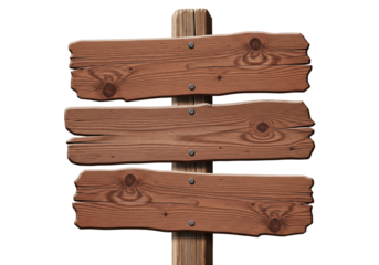 Rustic Wooden Signpost Showing Three Blank Directional Arrows Isolated on Transparent Background for Custom Text or Design