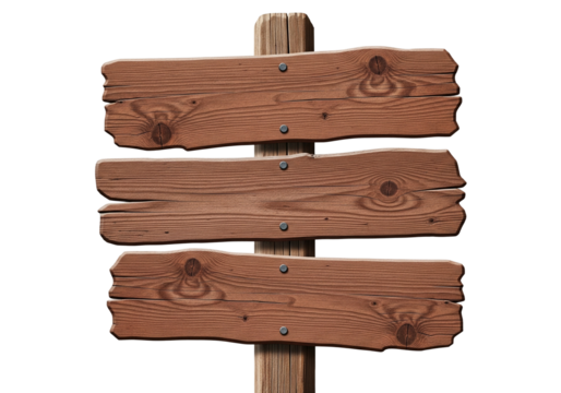 Rustic Wooden Signpost Showing Three Blank Directional Arrows Isolated on Transparent Background for Custom Text or Design