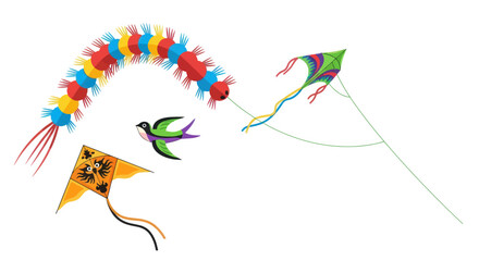 Obraz premium Colorful Kites Flying: Caterpillar Bird and Diamond Shapes Soaring in the Sky.