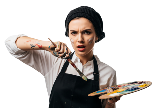 Frustrated Artist with Paintbrush and Palette Holding Supplies Isolated on Transparent Background