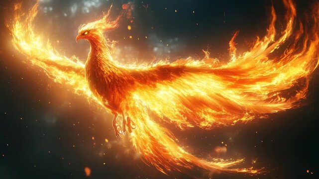 Majestic phoenix rising from flames in a fiery sky at twilight