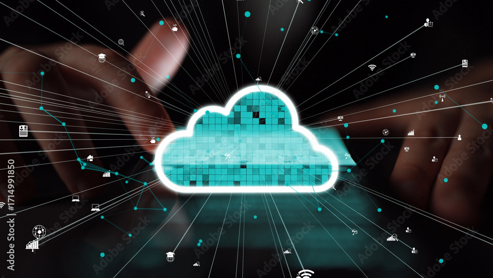 Poster visual representation of cloud computing with data transfer and technology icons. perfect for illust