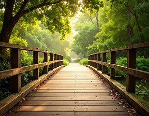 A serene wooden bridge stretches through a lush green forest, bathed in soft morning light.