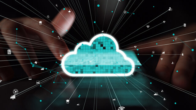 Visual representation of cloud computing with data transfer and technology icons. Perfect for illustrating modern business solutions and data management concepts. Xenic