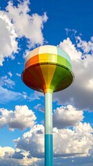 Colorful water tower against a partly cloudy sky