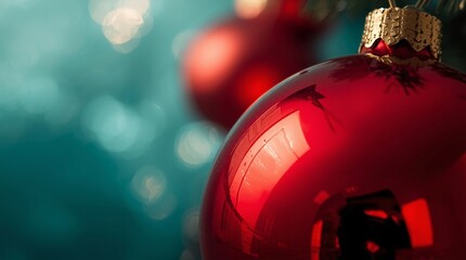 Close up of shiny red Christmas bauble with golden cap on turquoise bokeh background, festive holiday ornament decoration, elegant seasonal design for winter celebration and greeting cards